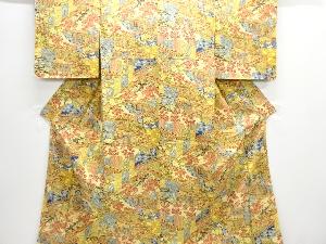 屏風に御所車・草花模様上代紬着物